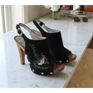 Monella Vagavonda Heels Black Suede Italian Embroidered Sandals Shoes Size 9